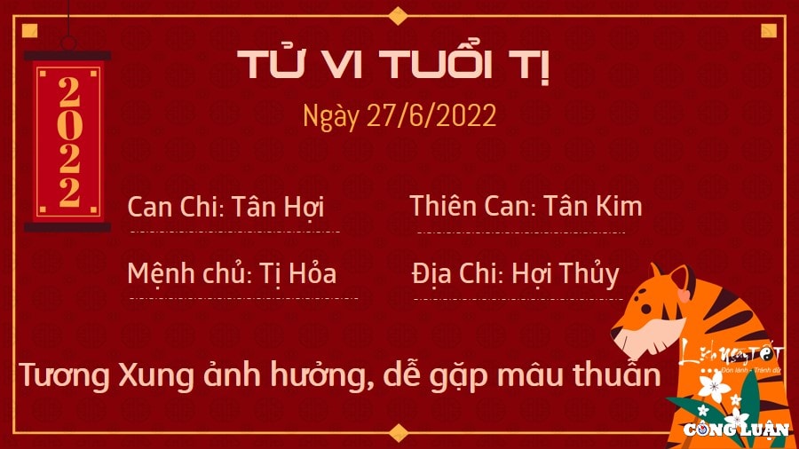 Tử vi tuổi Tị 27/6/2022: dưới tác động xấu của cục diện Tương Xung, người tuổi Tị dễ gặp phải mâu thuẫn, xích mích với đồng nghiệp. Đôi bên giữ những quan điểm trái chiều và không ai chịu hạ cái tôi cá nhân xuống để lắng nghe.Với người làm ăn kinh doanh, việc đôi co với khách hàng không phải là một việc làm thông minh. Bạn nên tìm ra cách khéo léo để hòa giải, vừa để làm vừa lòng khách hàng, vừa không gây tổn hại đến danh tiếng của bản thân.