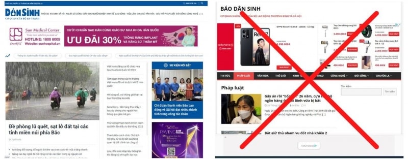 Hình ảnh bên trái là giao diện Báo điện tử Dân sinh chính thống đang hoạt động, hình ảnh bên phải là giao diện tờ báo giả mạo báo điện tử Dân sinh.