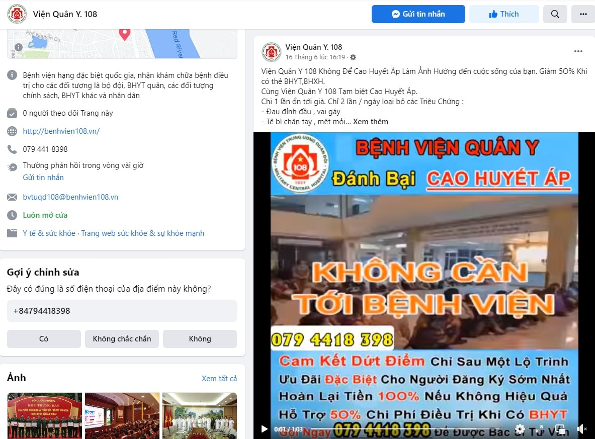 Một trang mạng mạo danh BV 108 rồi đăng tải bài viết, clip để quảng cáo bán thuốc đông y, điều trị bệnh.