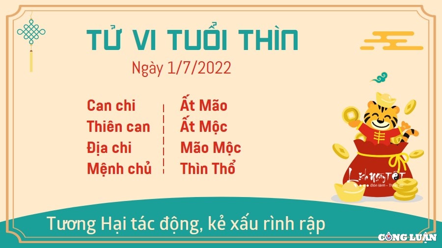 Tử vi tuổi Thìn 1/7/2022: thấy cục diện Tương Hại khiến người tuổi Thìn gặp phải nhiều khó khăn trong công việc. Kẻ xấu bày đủ trò ngáng trở khiến bạn khó có thể yên tâm thực hiện các công việc như kế hoạch ban đầu.Với người làm ăn kinh doanh, chớ nên ngây thơ tin theo lời rủ rê của những kẻ không đáng tin cậy kẻo bạn sẽ sụp bẫy lúc nào không hay. Nếu có tiền trong tay, tốt nhất bạn nên giữ thật kĩ và cân nhắc cẩn thận nếu có kế hoạch đầu tư.