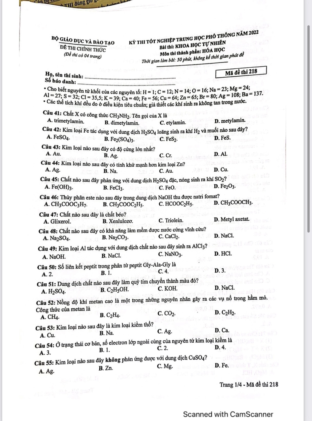 de thi tot nghiep thpt 2022 mon hoa hoc ma de 218 hinh 1