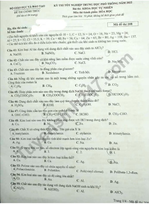 de thi tot nghiep thpt 2022 mon hoa hoc ma de 208 hinh 1