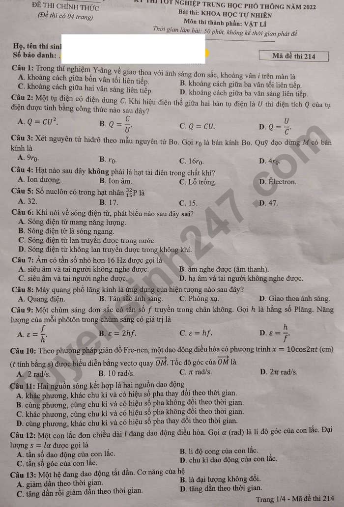 de thi tot nghiep thpt 2022 mon vat ly ma de 214 hinh 1