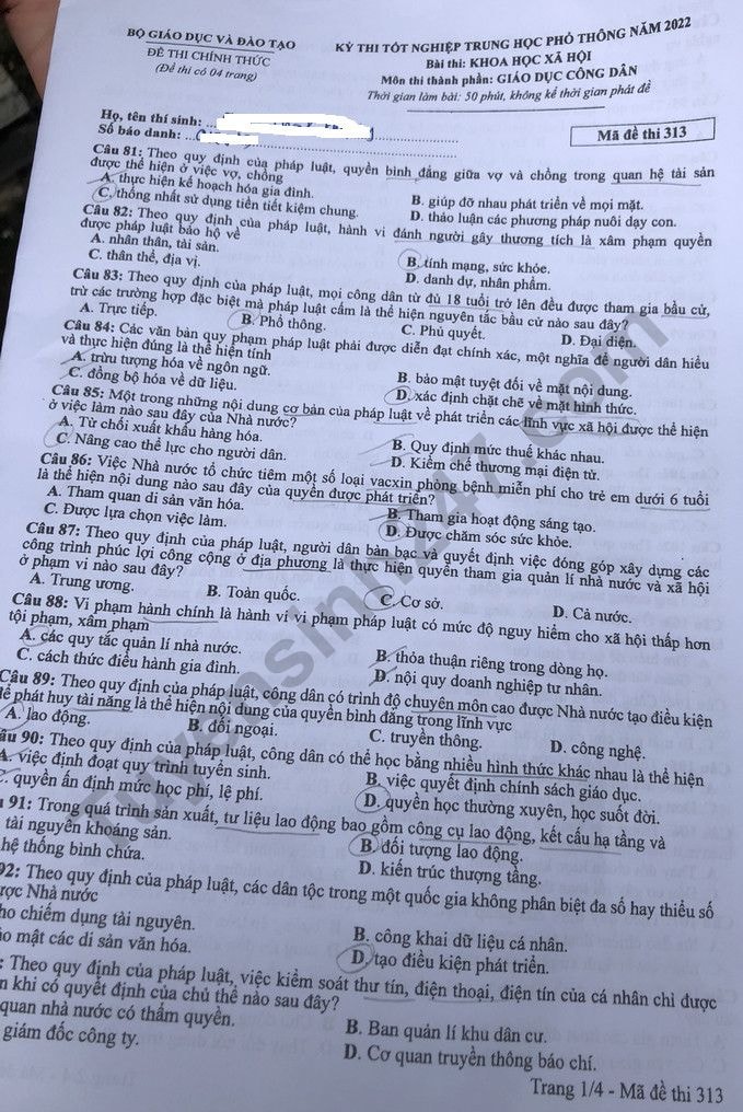 de thi tot nghiep thpt 2022 mon gdcd ma de 313 hinh 1