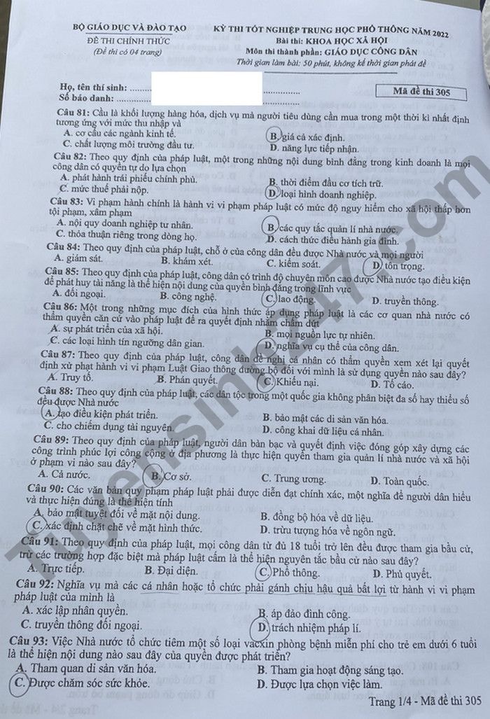 de thi tot nghiep thpt 2022 mon gdcd ma de 305 hinh 1