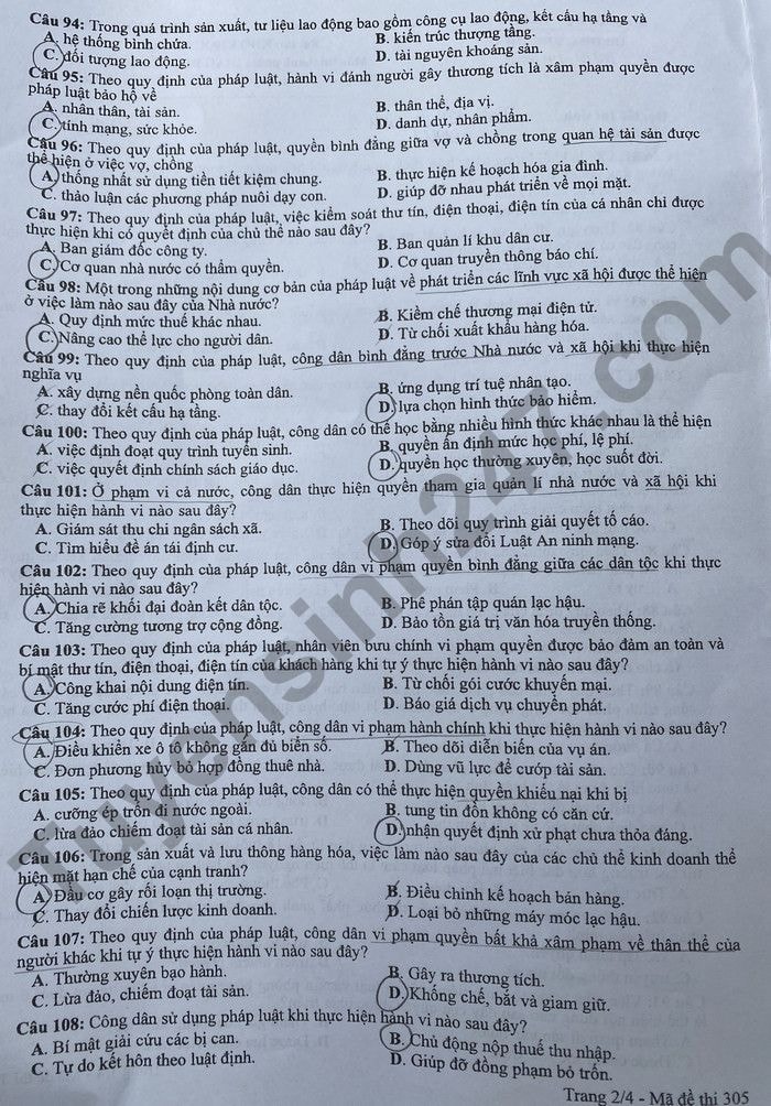 de thi tot nghiep thpt 2022 mon gdcd ma de 305 hinh 2