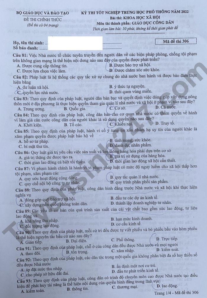 de thi tot nghiep thpt 2022 mon gdcd ma de 306 hinh 1