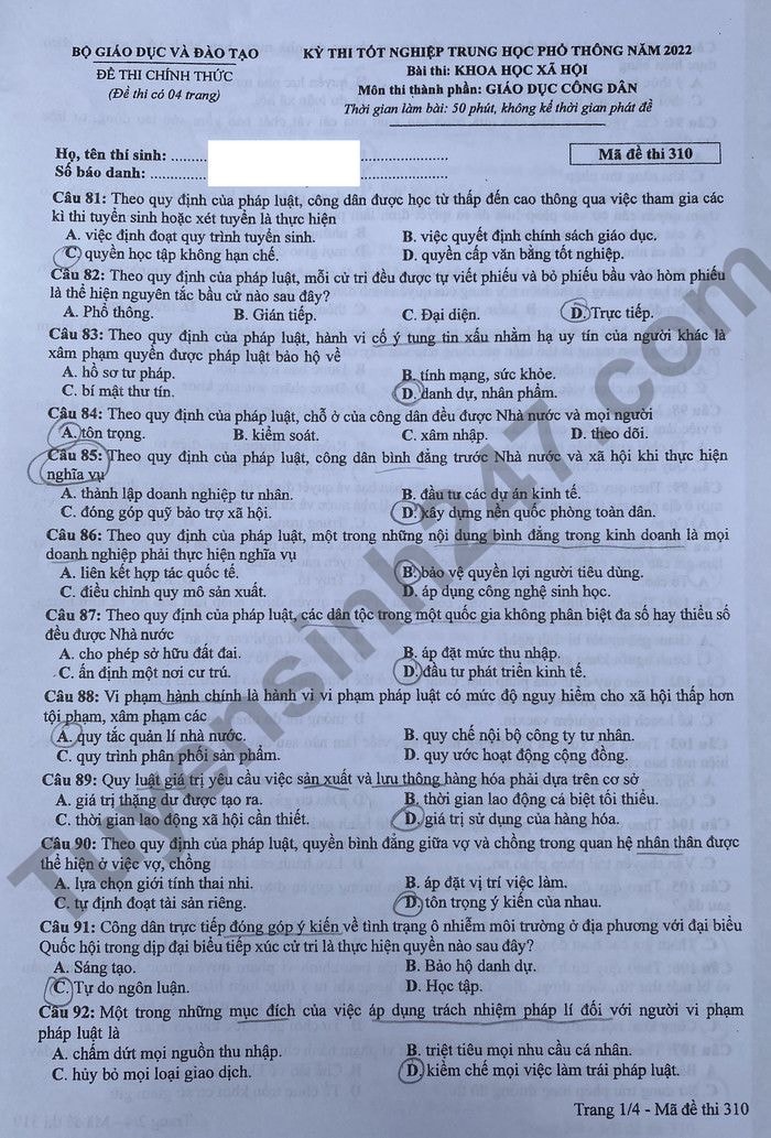 de thi tot nghiep thpt 2022 mon gdcd ma de 310 hinh 1