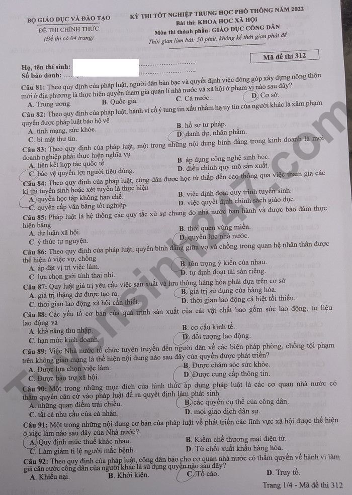 de thi tot nghiep thpt 2022 mon gdcd ma de 312 hinh 1
