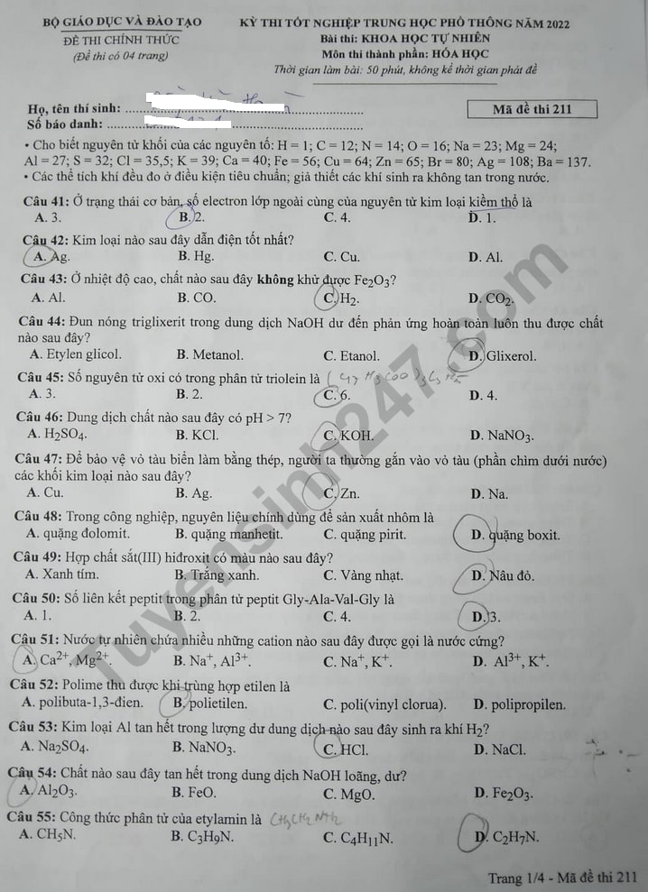 de thi tot nghiep thpt 2022 mon hoa hoc ma de 211 hinh 1
