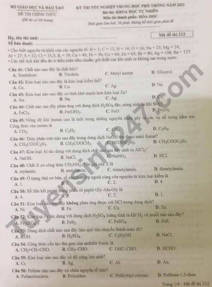 de thi tot nghiep thpt 2022 mon hoa hoc ma de 212 hinh 1