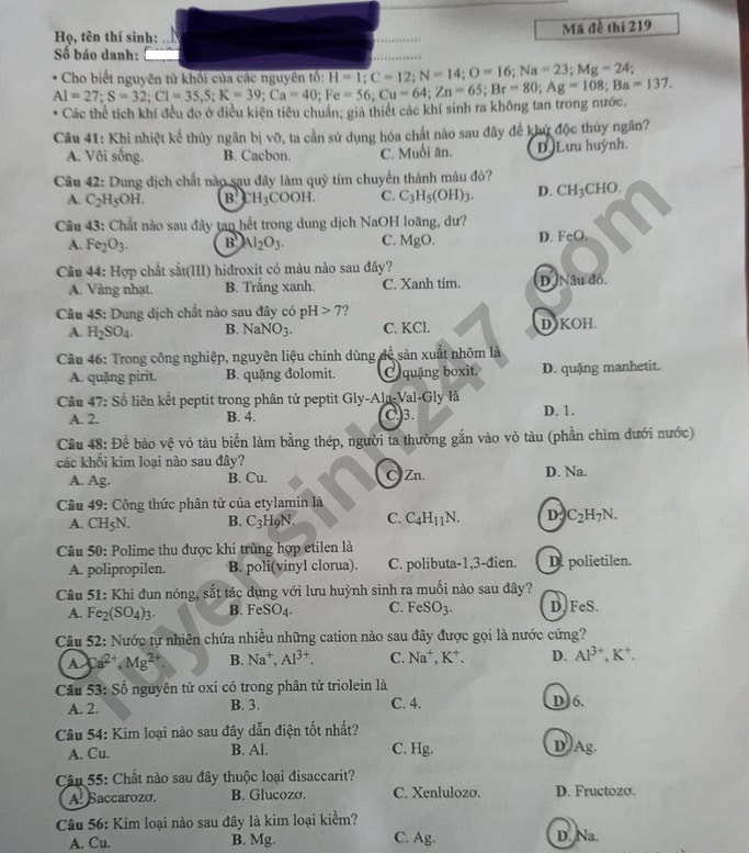 de thi tot nghiep thpt 2022 mon hoa hoc ma de 219 hinh 1
