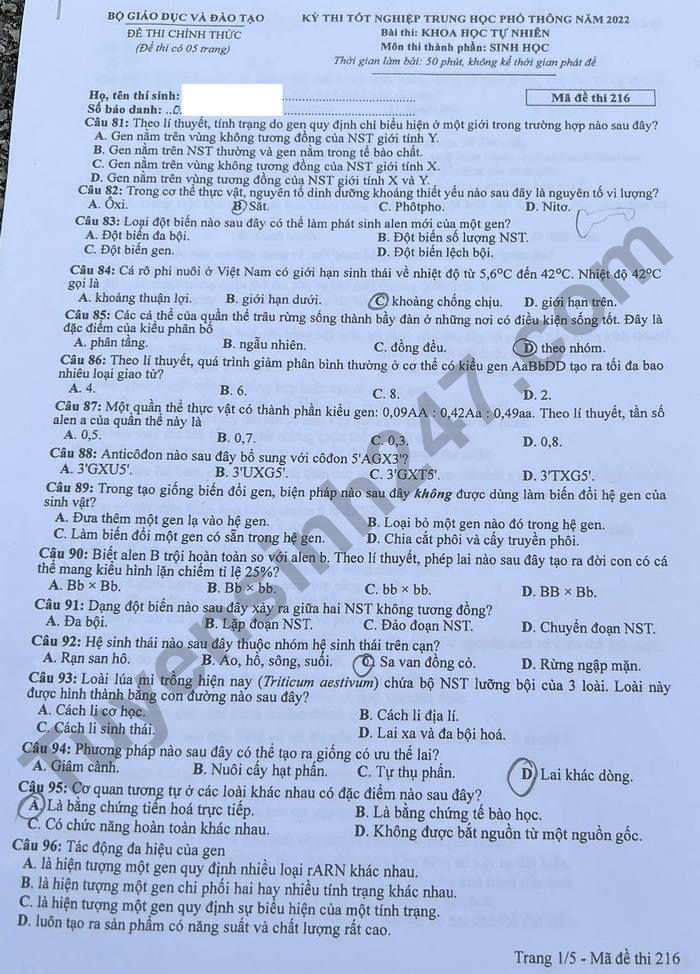 de thi tot nghiep thpt 2022 mon sinh hoc ma de 216 hinh 1