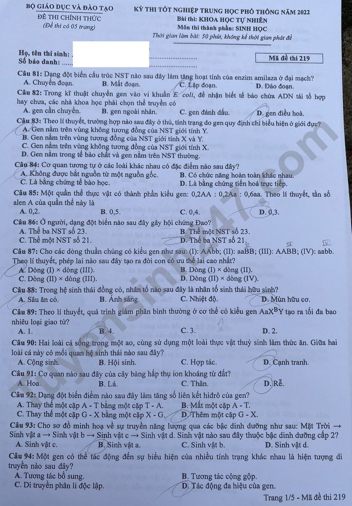 de thi tot nghiep thpt 2022 mon sinh hoc ma de 219 hinh 1