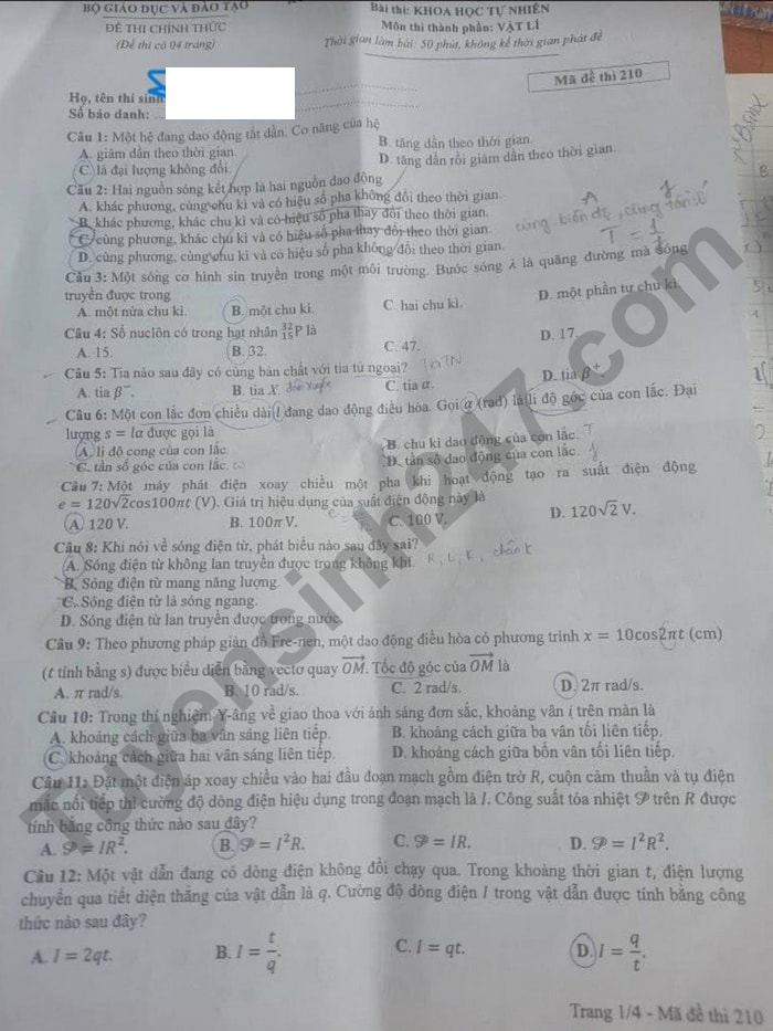 de thi tot nghiep thpt 2022 mon vat ly ma de 210 hinh 1
