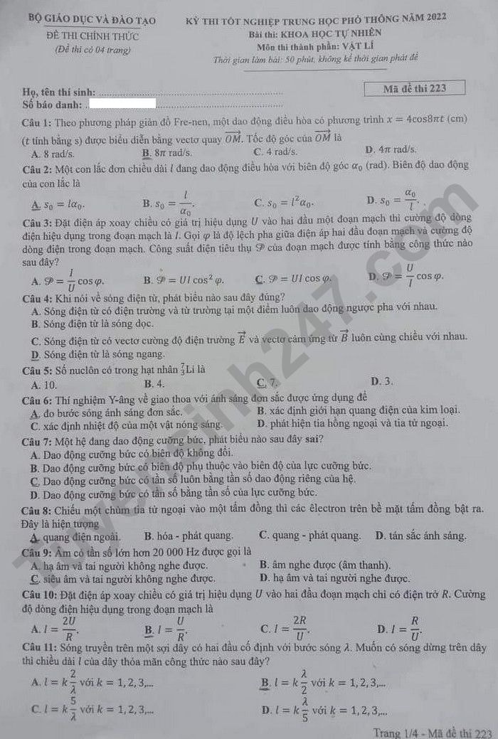 de thi tot nghiep thpt 2022 mon vat ly ma de 223 hinh 1