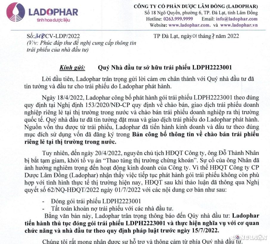 duoc lam dong ladophar ldp huy lo trai phieu 300 ty dong hinh 1