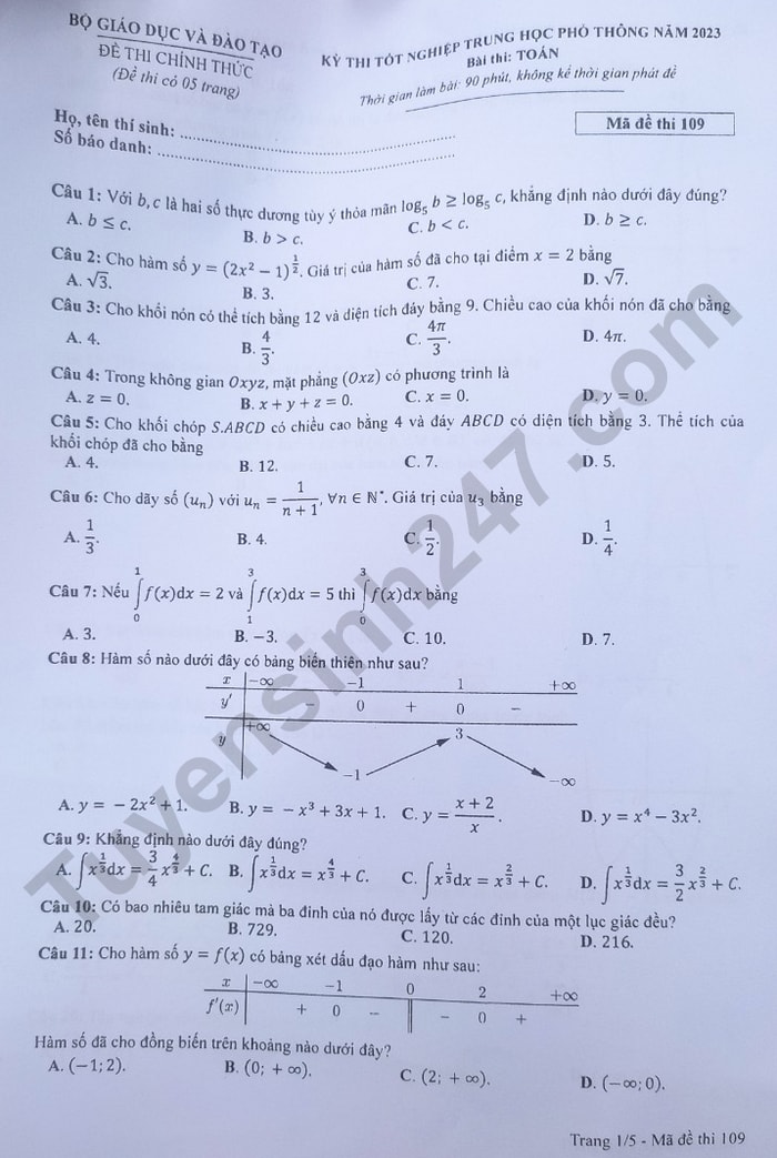de thi tot nghiep thpt 2023 mon toan ma de 109 hinh 1