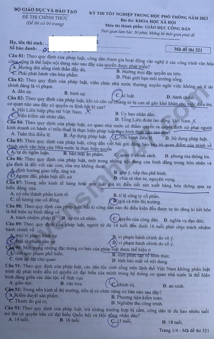 de thi tot nghiep thpt 2023 mon giao duc cong dan ma de 321 hinh 1