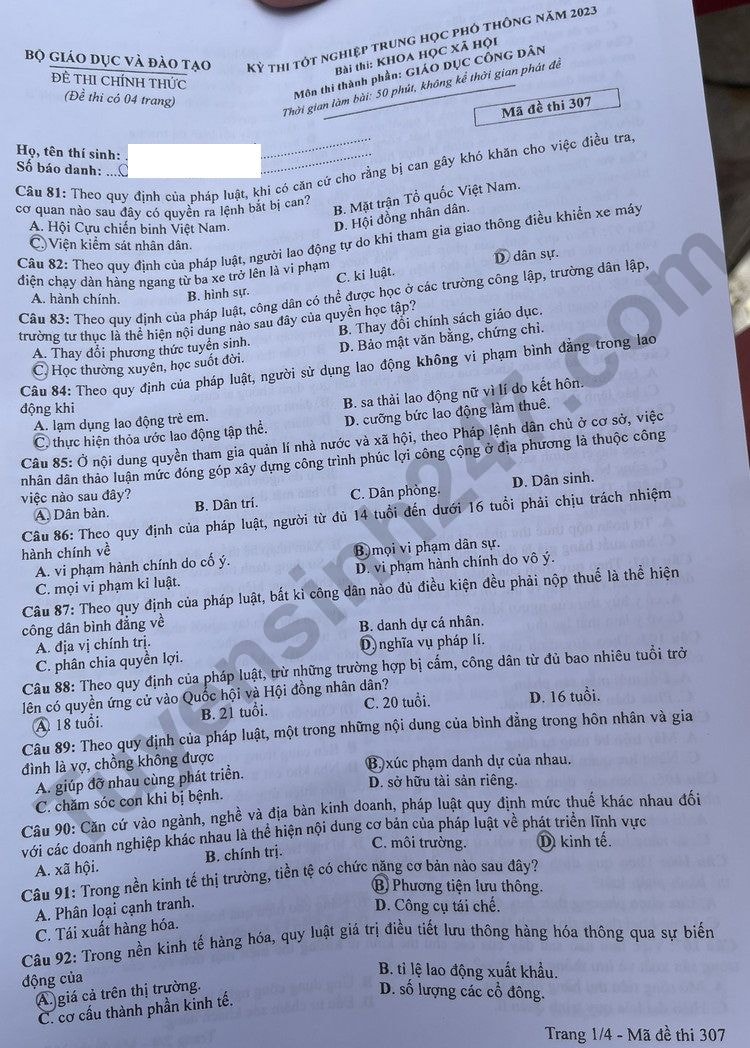 de thi tot nghiep thpt 2023 mon giao duc cong dan ma de 307 hinh 1