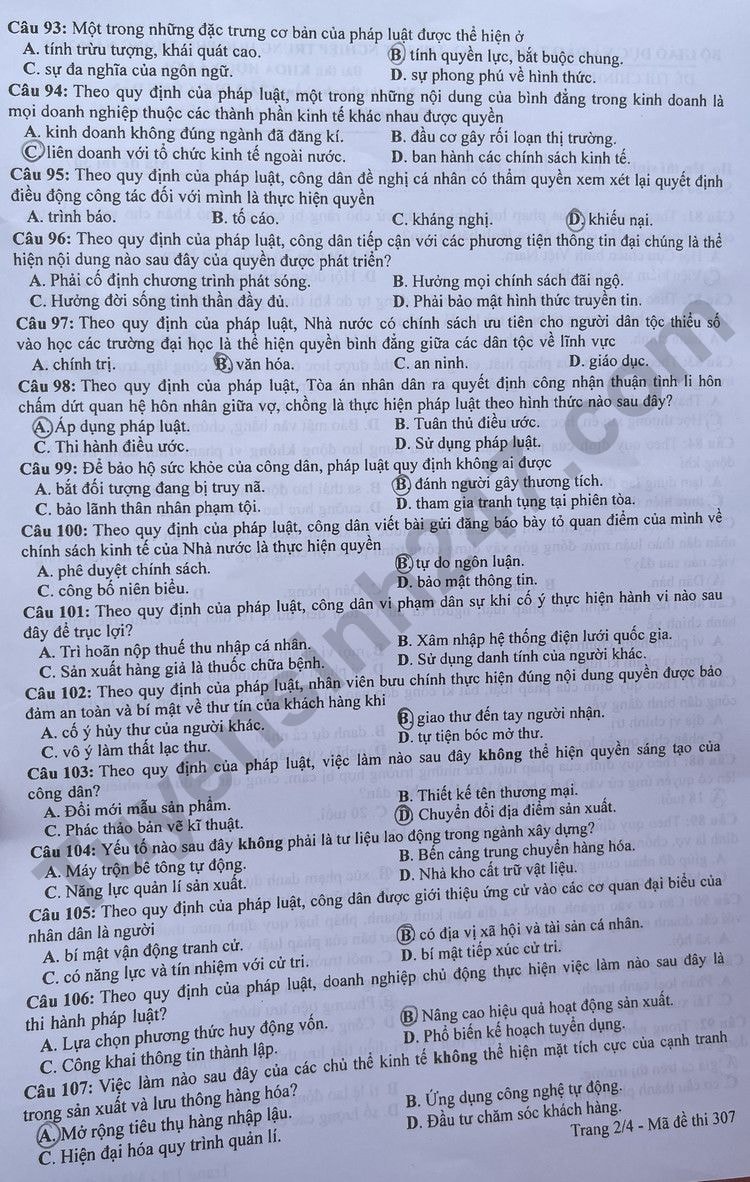 de thi tot nghiep thpt 2023 mon giao duc cong dan ma de 307 hinh 2