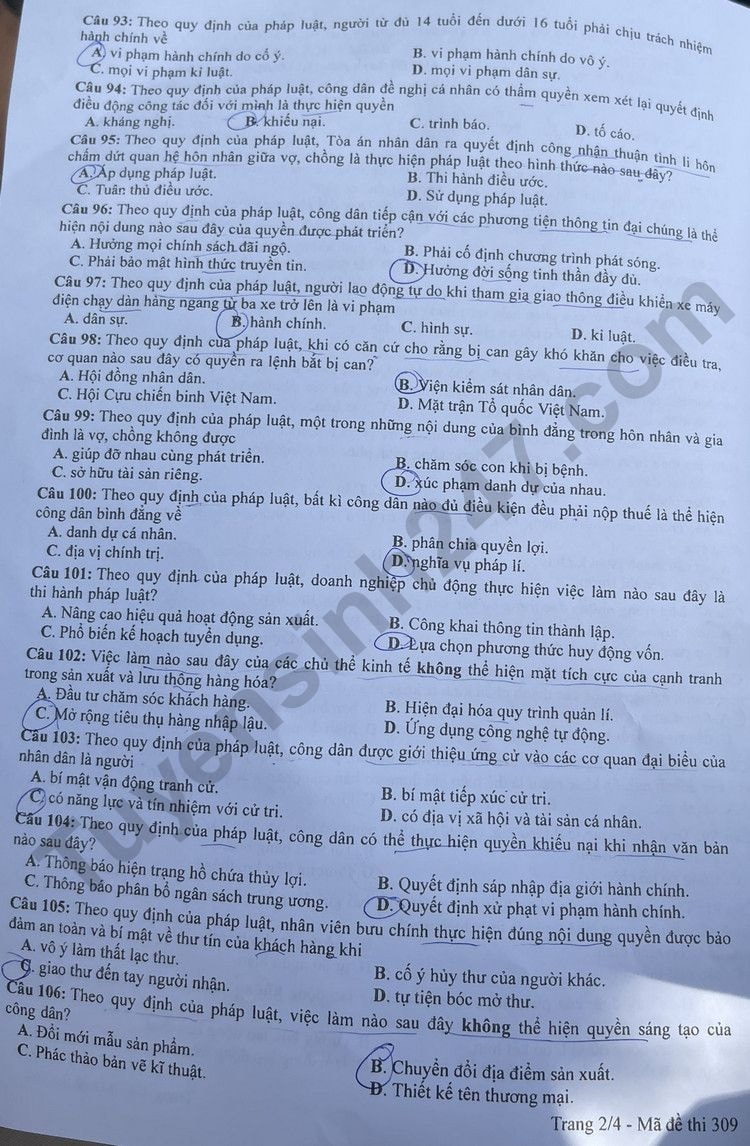 de thi tot nghiep thpt 2023 mon giao duc cong dan ma de 309 hinh 2