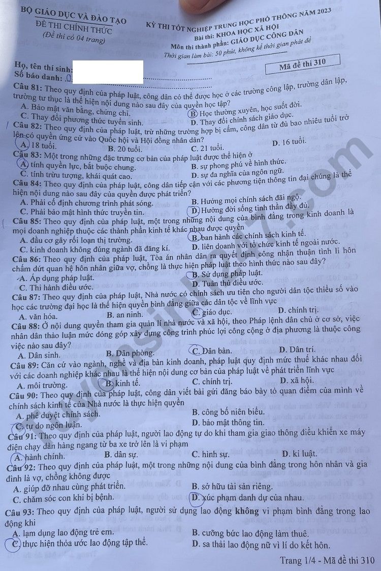 de thi tot nghiep thpt 2023 mon giao duc cong dan ma de 310 hinh 1