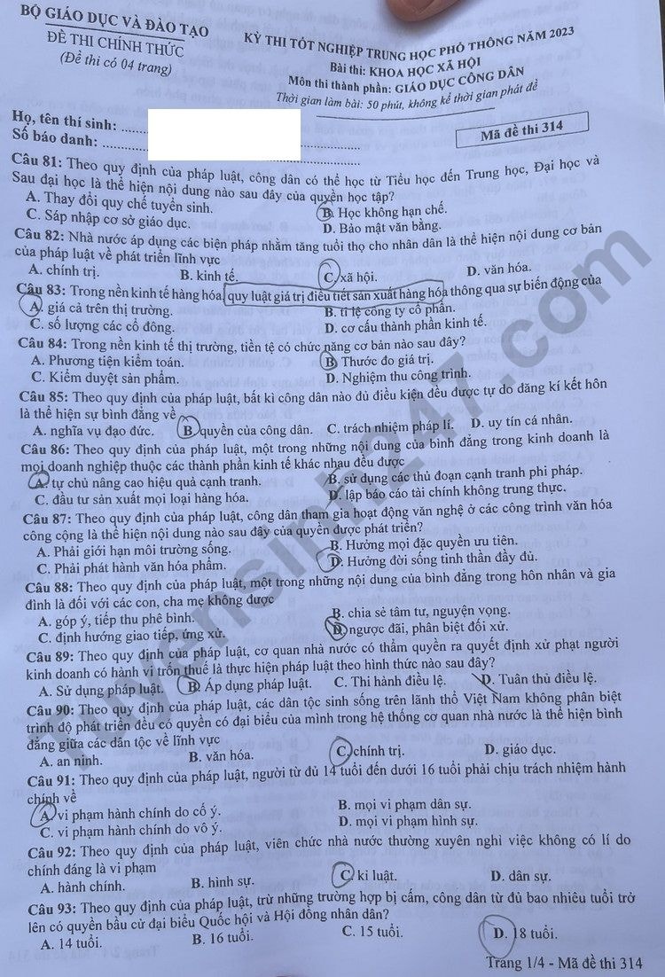 de thi tot nghiep thpt 2023 mon giao duc cong dan ma de 314 hinh 1