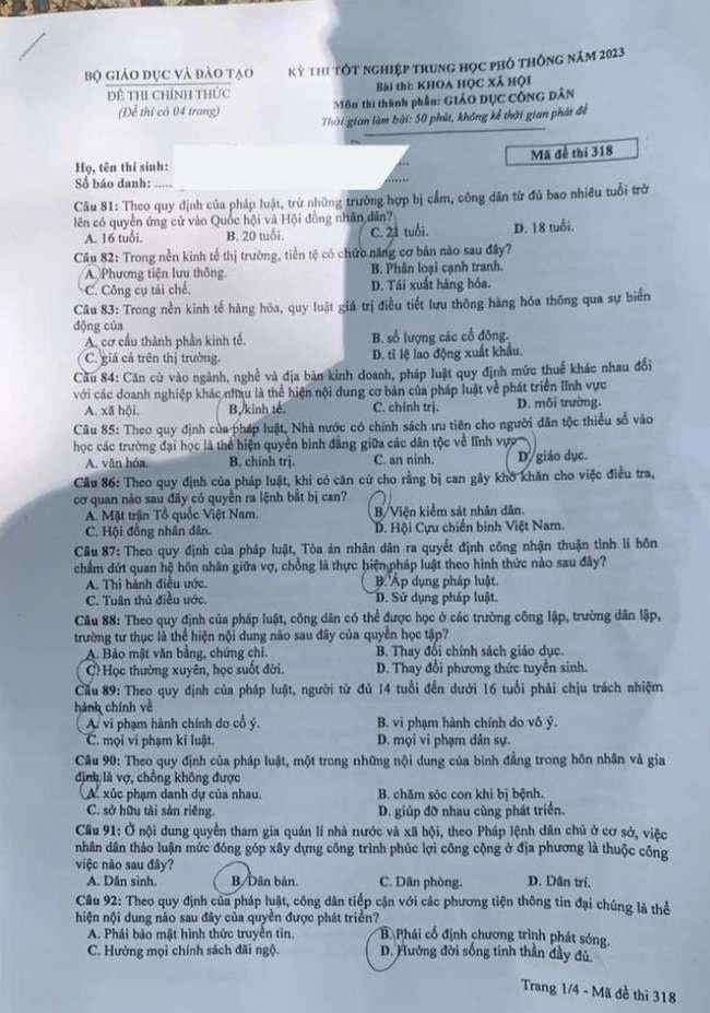 de thi tot nghiep thpt 2023 mon giao duc cong dan ma de 318 hinh 1