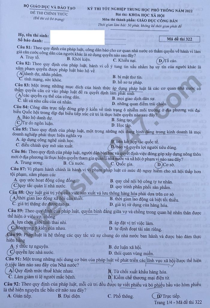 de thi tot nghiep thpt 2023 mon giao duc cong dan ma de 322 hinh 1