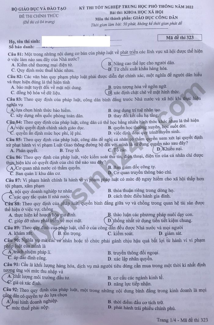 de thi tot nghiep thpt 2023 mon giao duc cong dan ma de 323 hinh 1