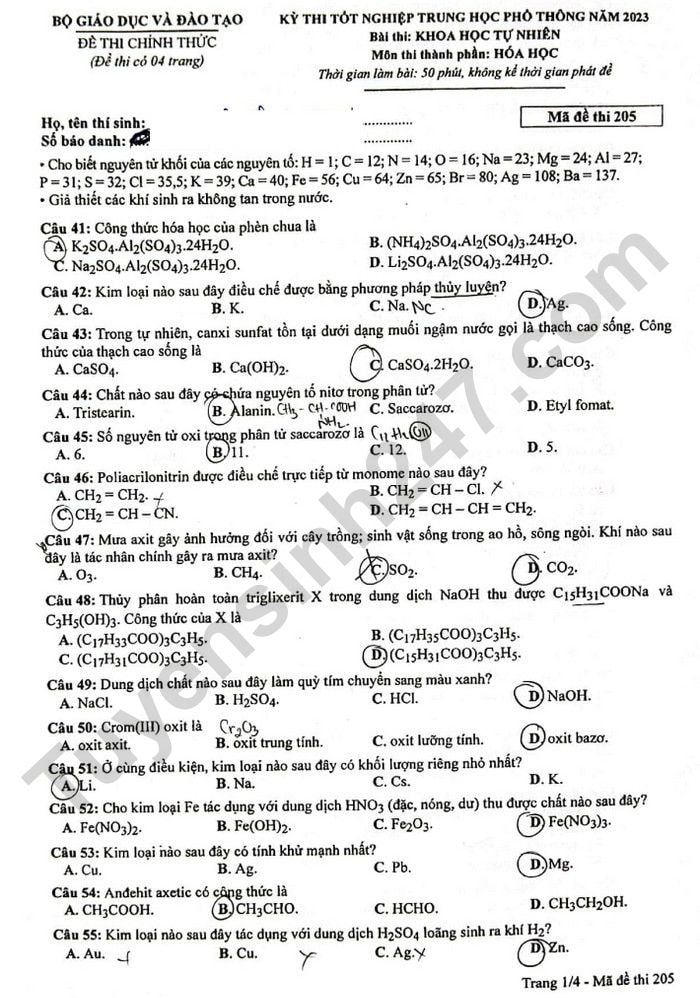 de thi tot nghiep thpt 2023 mon hoa hoc ma de 205 hinh 1