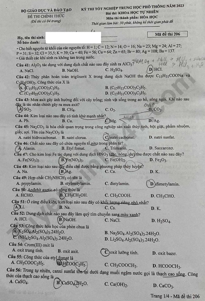 de thi tot nghiep thpt 2023 mon hoa hoc ma de 206 hinh 1