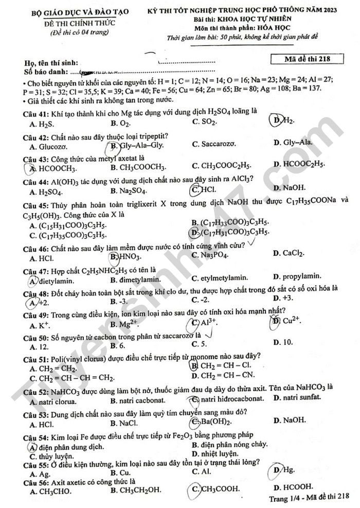 de thi tot nghiep thpt 2023 mon hoa hoc ma de 218 hinh 1