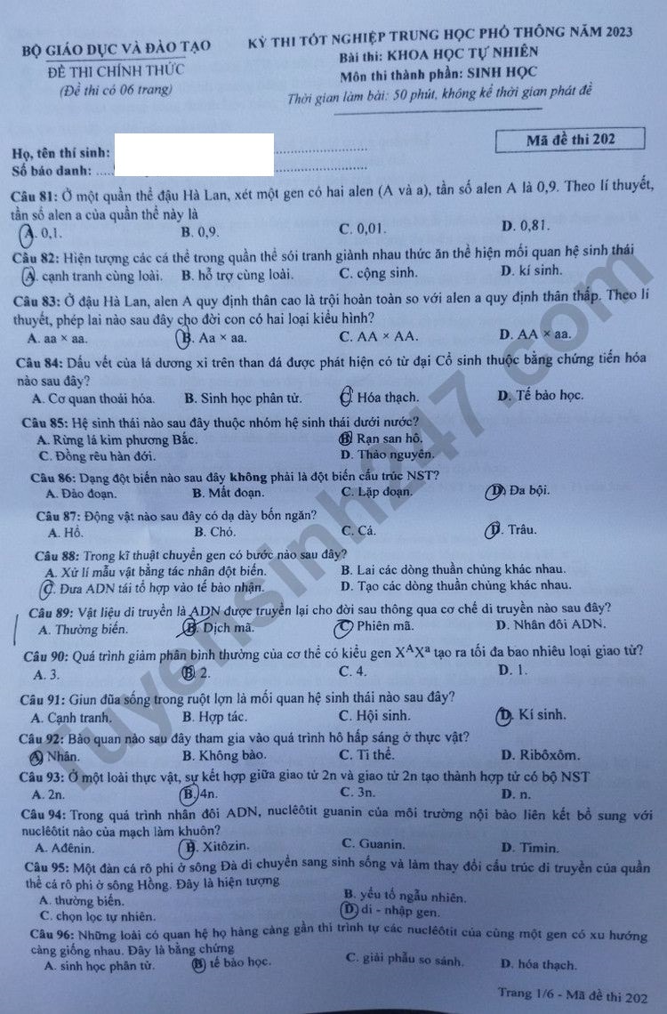 de thi tot nghiep thpt 2023 mon sinh hoc ma de 202 hinh 1