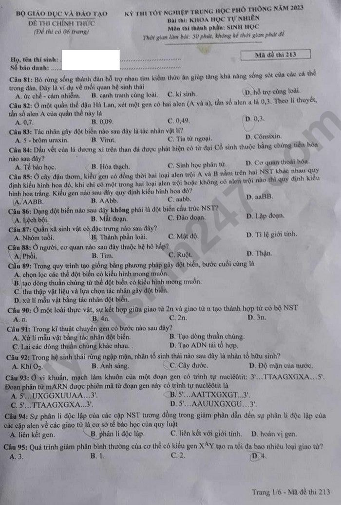 de thi tot nghiep thpt 2023 mon sinh hoc ma de 213 hinh 1