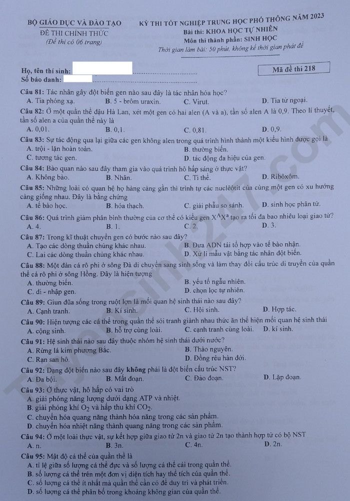 de thi tot nghiep thpt 2023 mon sinh hoc ma de 218 hinh 1