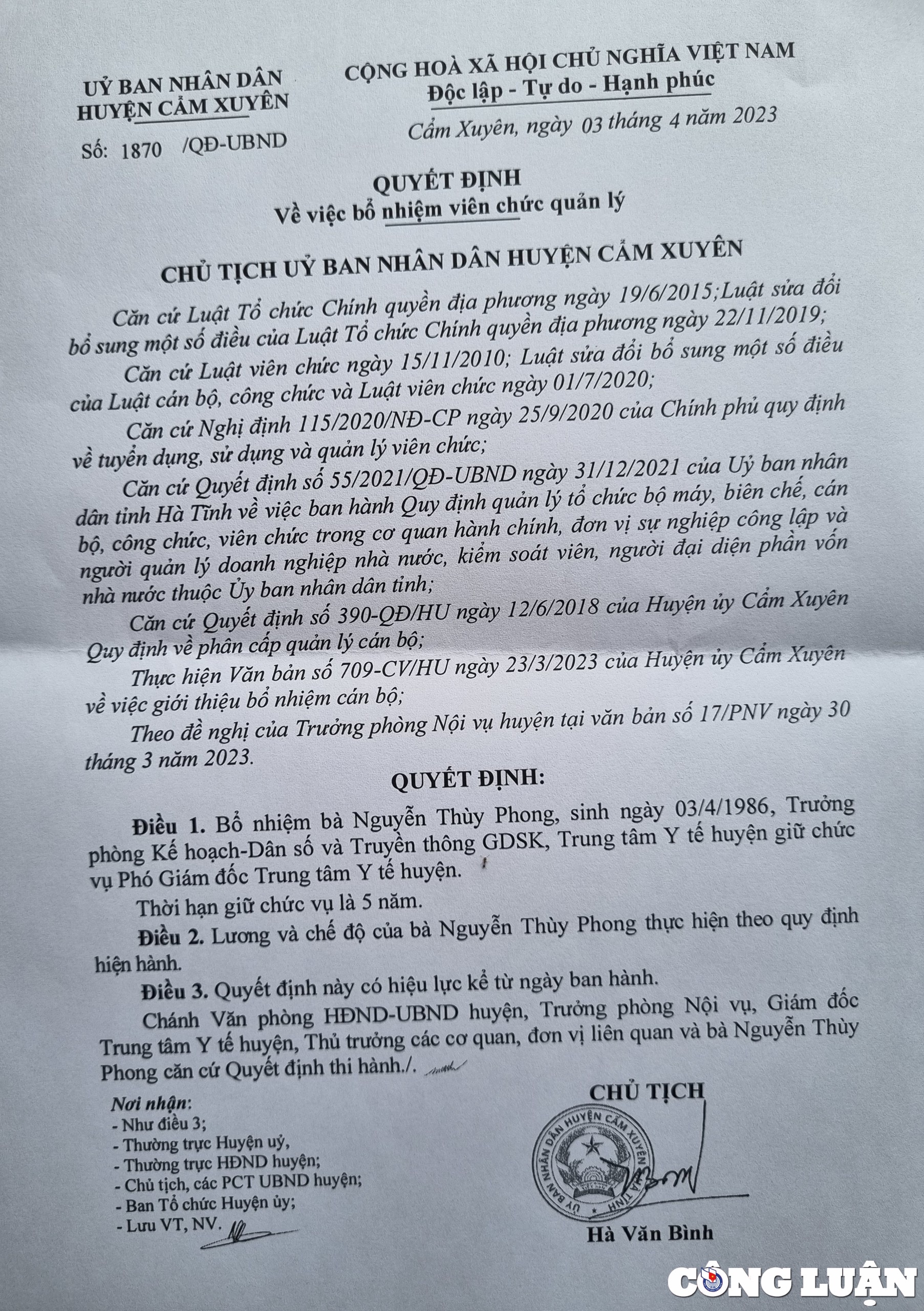 huyen cam xuyen ha tinh bo nhiem pho giam doc trung tam y te thieu tieu chuan hinh 1
