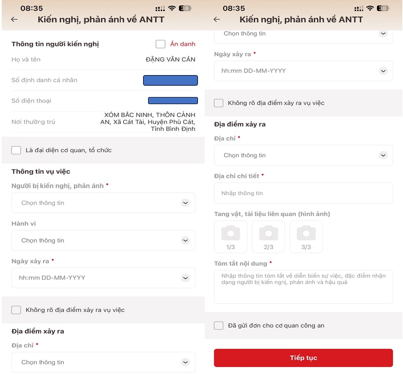 huong dan gui kien nghi phan anh ve an ninh trat tu to giac toi pham bang ung dung vneid cua bo cong an hinh 3