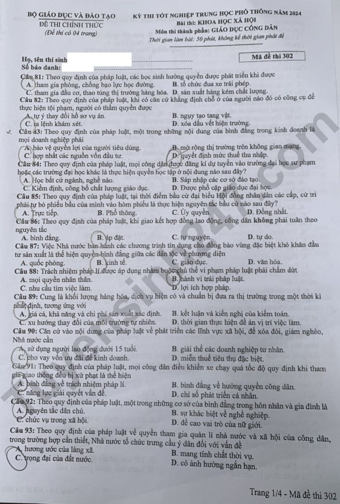 de thi tot nghiep thpt 2024 mon giao duc cong dan ma de 302 hinh 1