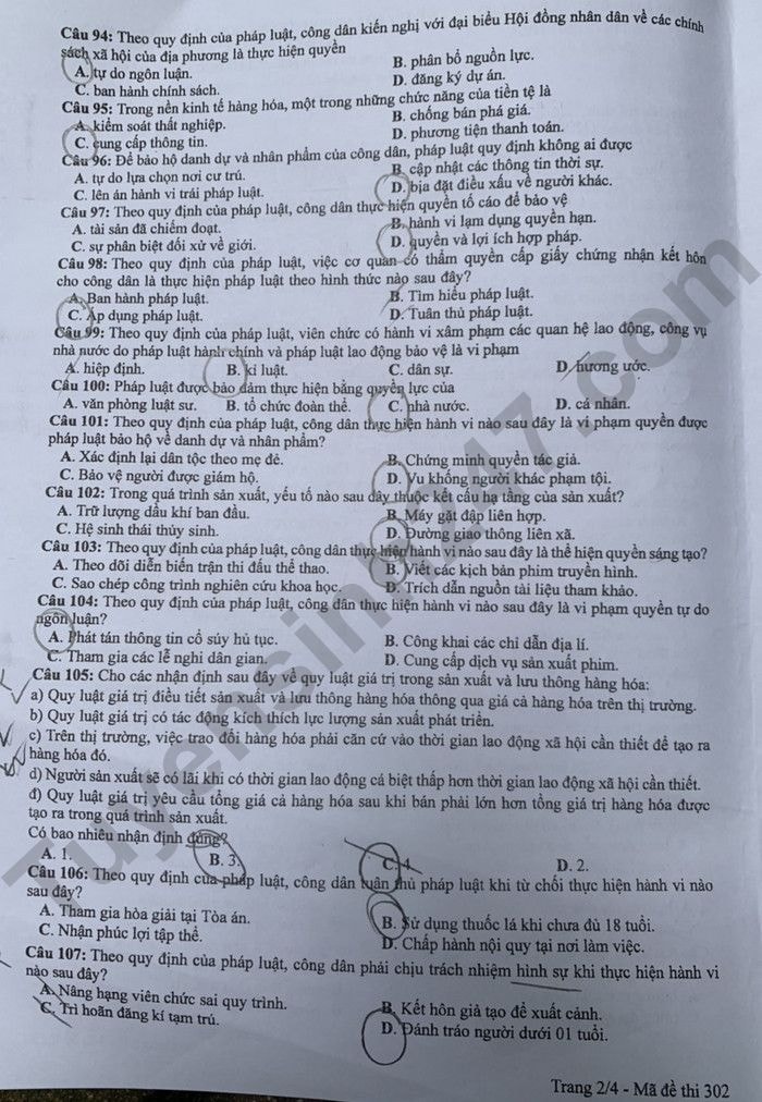 de thi tot nghiep thpt 2024 mon giao duc cong dan ma de 302 hinh 2