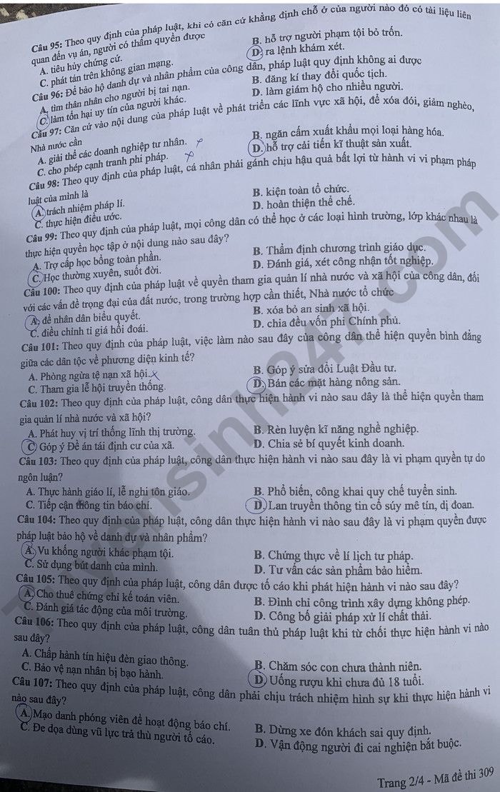 de thi tot nghiep thpt 2024 mon giao duc cong dan ma de 309 hinh 2