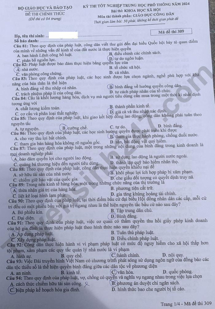 de thi tot nghiep thpt 2024 mon giao duc cong dan ma de 309 hinh 1