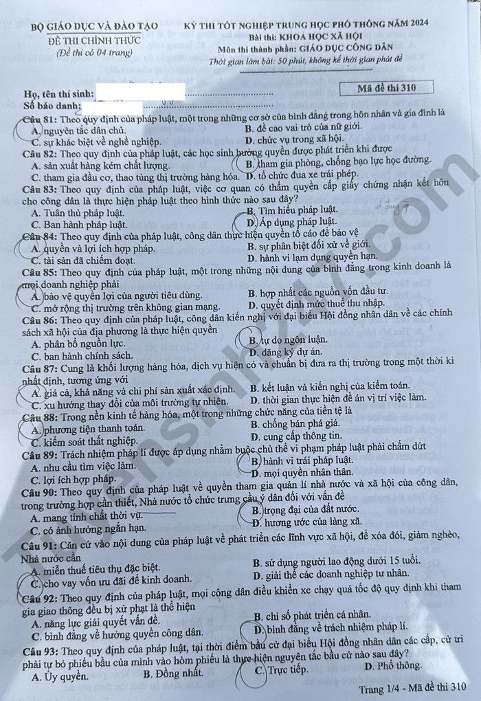 de thi tot nghiep thpt 2024 mon giao duc cong dan ma de 310 hinh 1