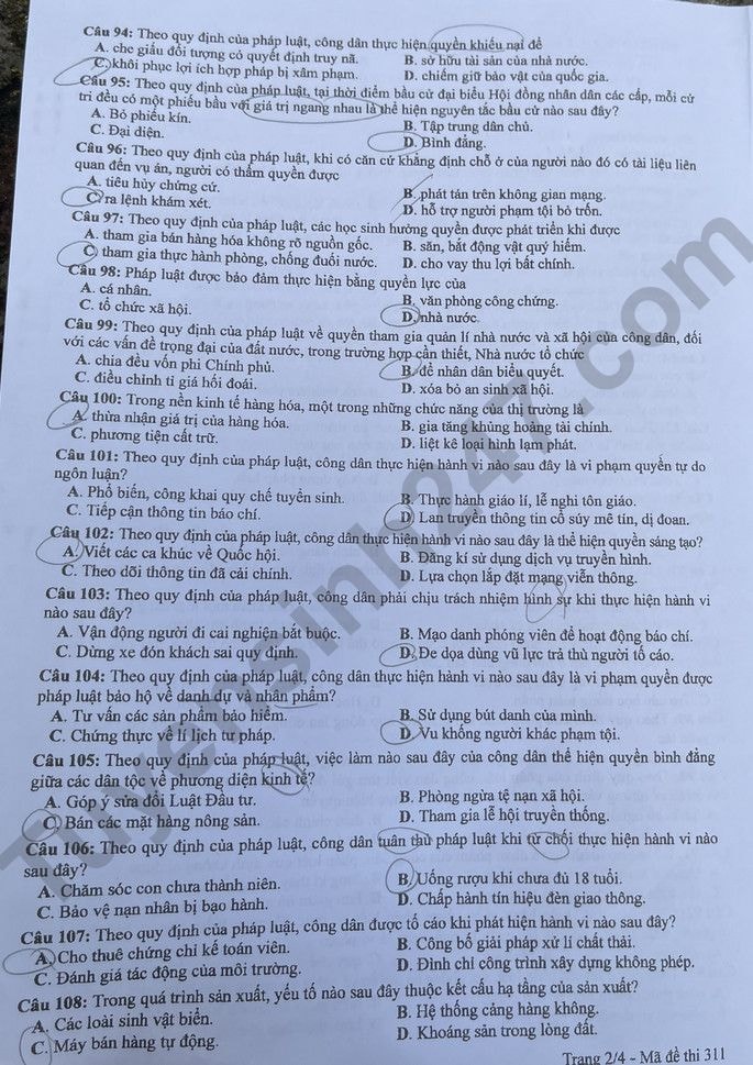 de thi tot nghiep thpt 2024 mon giao duc cong dan ma de 311 hinh 2