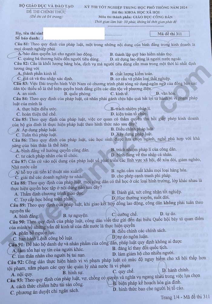 de thi tot nghiep thpt 2024 mon giao duc cong dan ma de 311 hinh 1