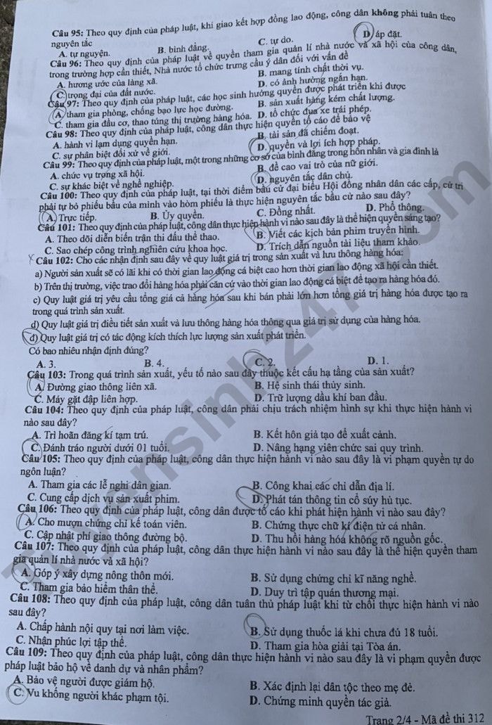 de thi tot nghiep thpt 2024 mon giao duc cong dan ma de 312 hinh 2