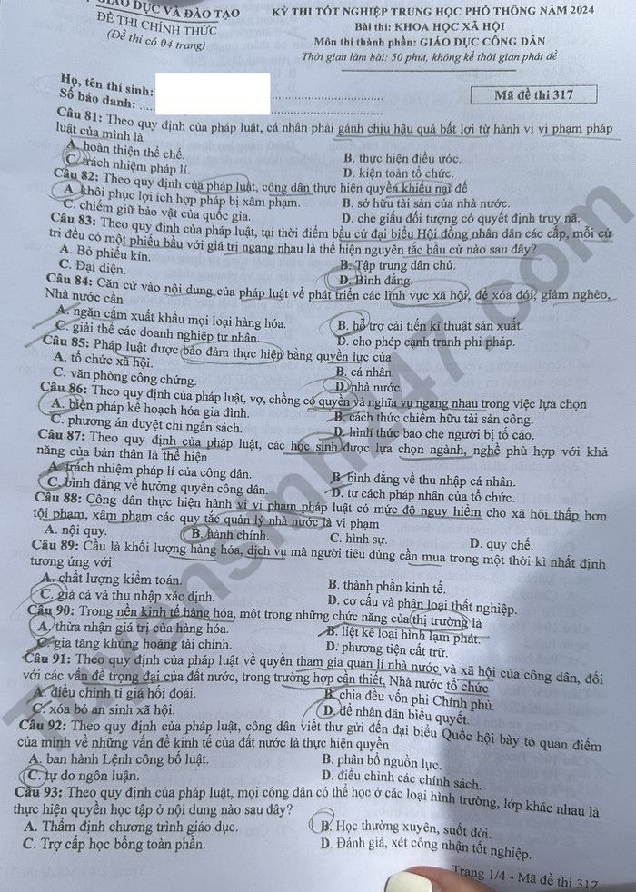 de thi tot nghiep thpt 2024 mon giao duc cong dan ma de 317 hinh 1
