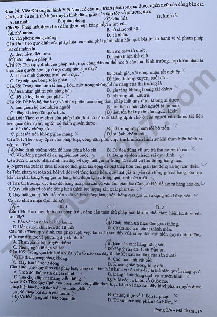 de thi tot nghiep thpt 2024 mon giao duc cong dan ma de 319 hinh 2