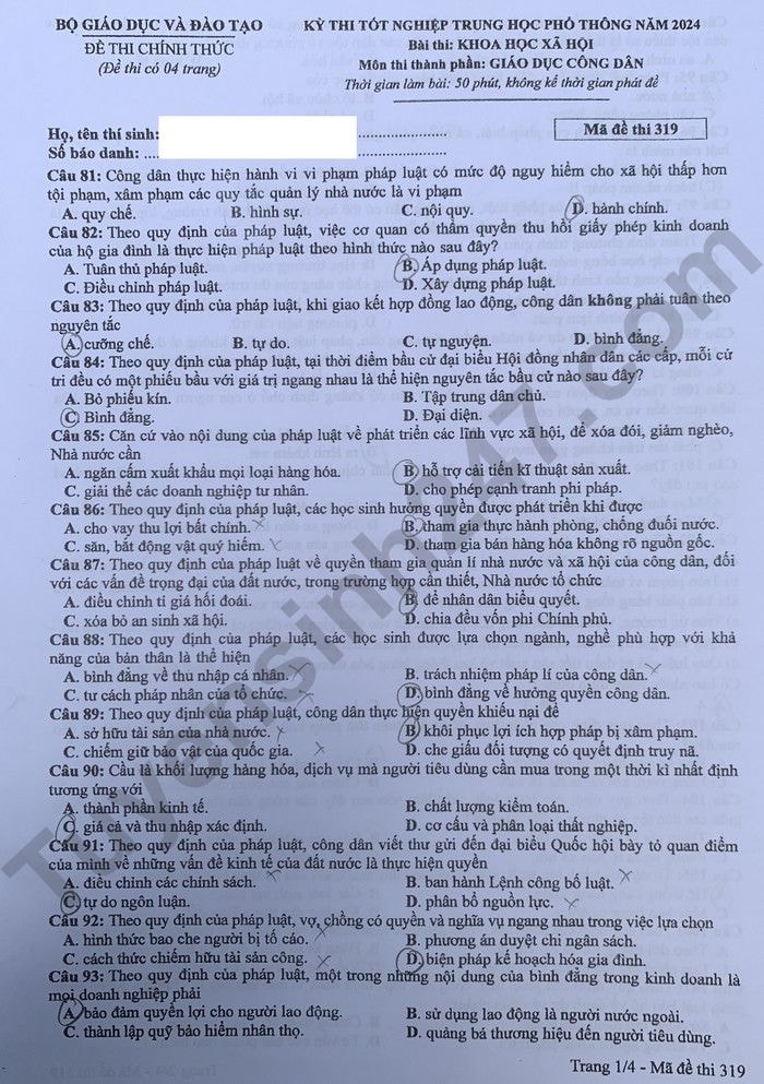 de thi tot nghiep thpt 2024 mon giao duc cong dan ma de 319 hinh 1